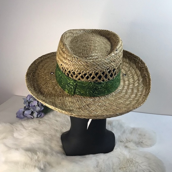Vintage DPC Straw Woven Homburg Hat with Green Tropical Print Hat Band Unisex - Picture 3 of 8